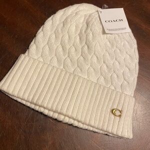 Coach Cream Cable Knit Beanie with Gold Logo
